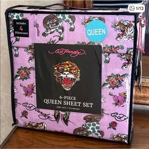 Ed Hardy Lavender Tattoo-Print Queen Sheet Set with Multicolor Roses.